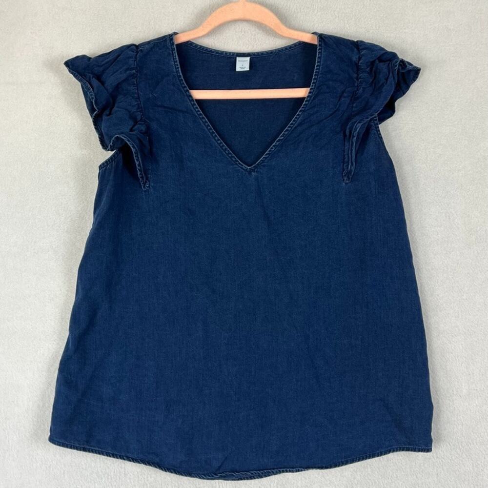 Old Navy V-Neck Denim Blouse Women's Small Flutter Sleeve Dark Wash